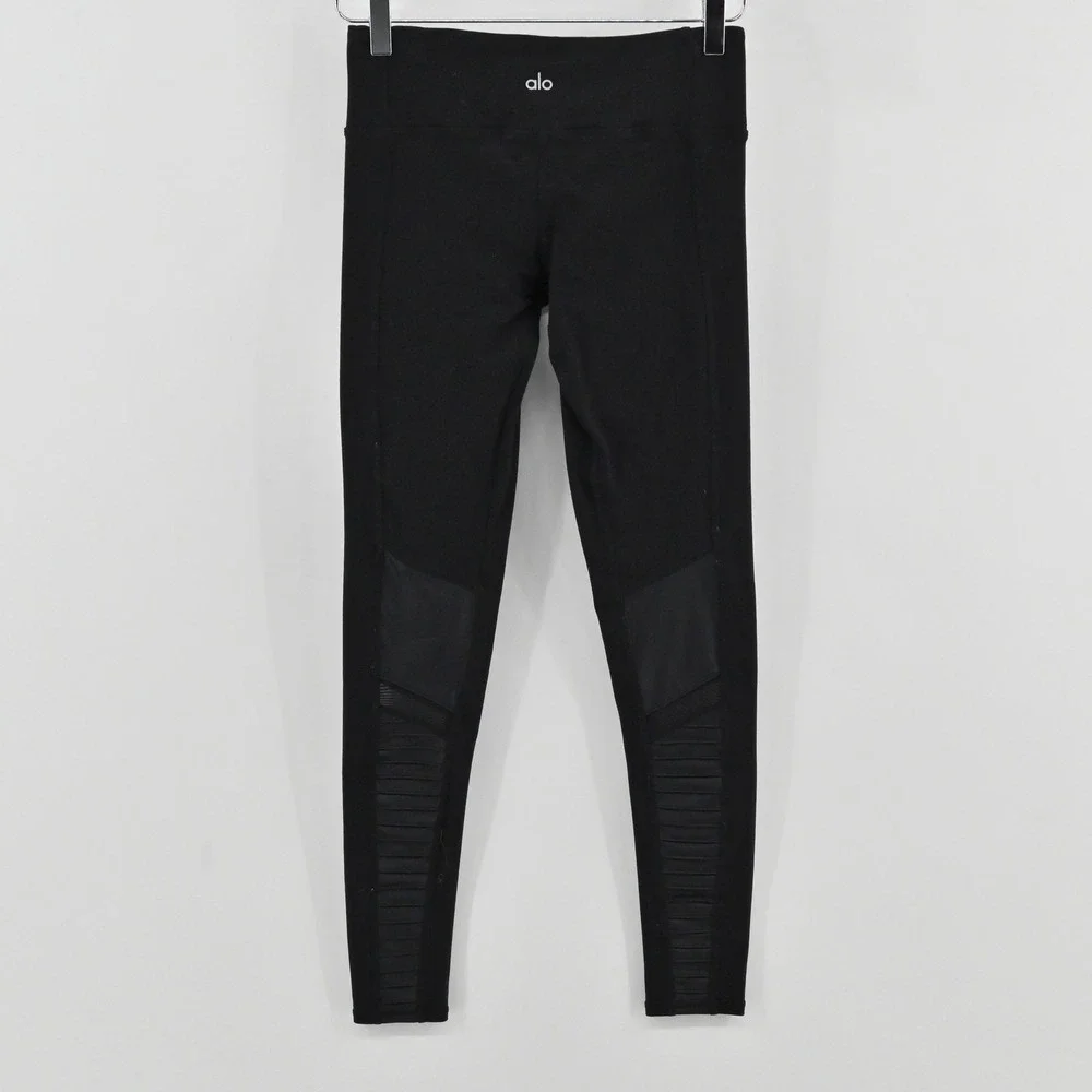 Alo Yoga Moto Leggings Womens Size XS Black Ribbed Mesh Athleisure Yoga Workout